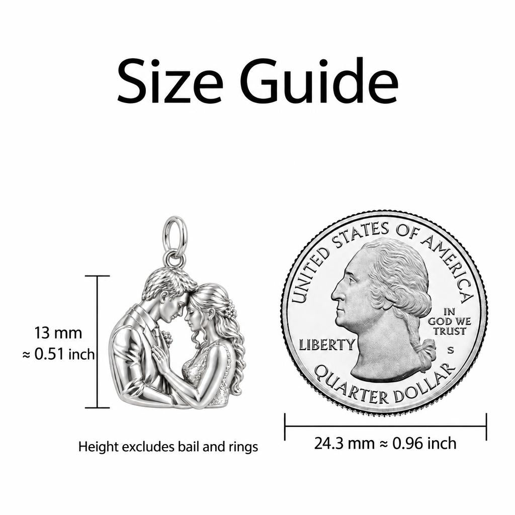 Tender Forehead Kiss Charm Bracelet – Personalized Couple Gift – size guide, 13 mm charm next to a quarter