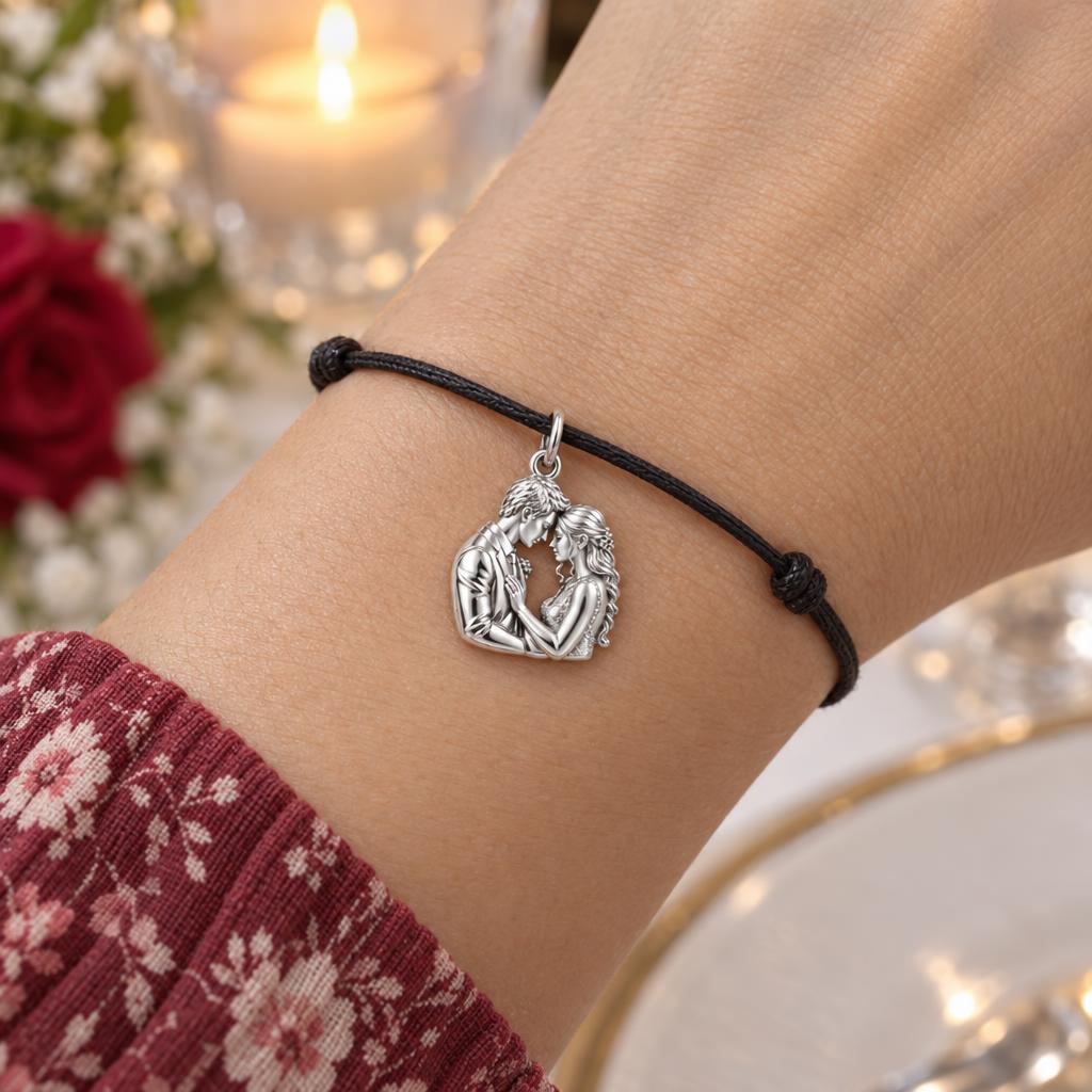 Tender Forehead Kiss Charm Bracelet – Personalized Couple Gift – worn on the wrist on a black cord bracelet