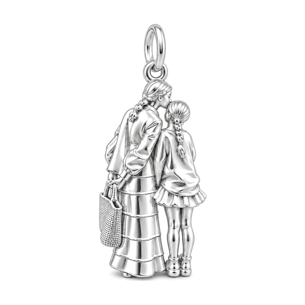 Tender Kiss and Connection Charm Bracelet – Personalized Mom Gift – silver charm, front view