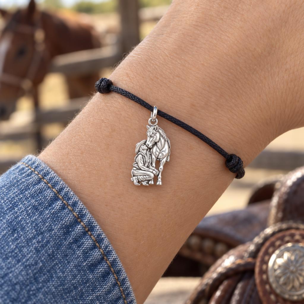 Tender Ranch Horse Charm Bracelet – Personalized Horse Mom Gift – worn on the wrist on a black cord bracelet