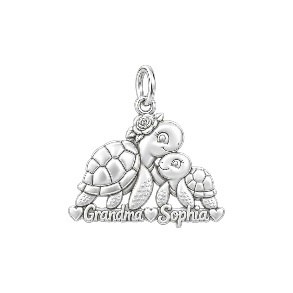 Tender Sea Turtle Charm Bracelet – Personalized Grandma Gift – silver plated 3 cm charm, front view