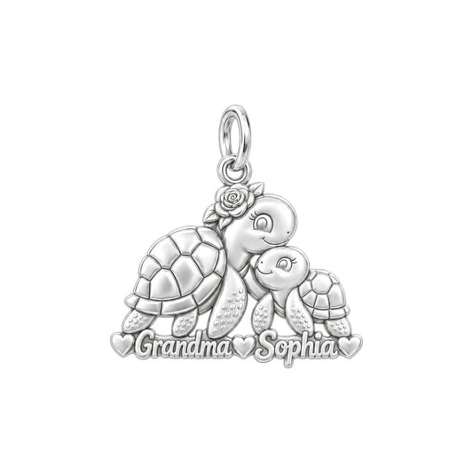 Tender Sea Turtle Charm Bracelet – Personalized Grandma Gift – silver plated 3 cm charm, front view