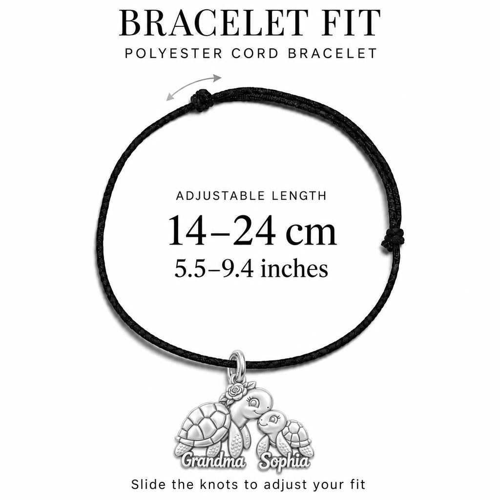 Tender Sea Turtle Charm Bracelet – Personalized Grandma Gift – adjustable black cord bracelet, 14–24 cm