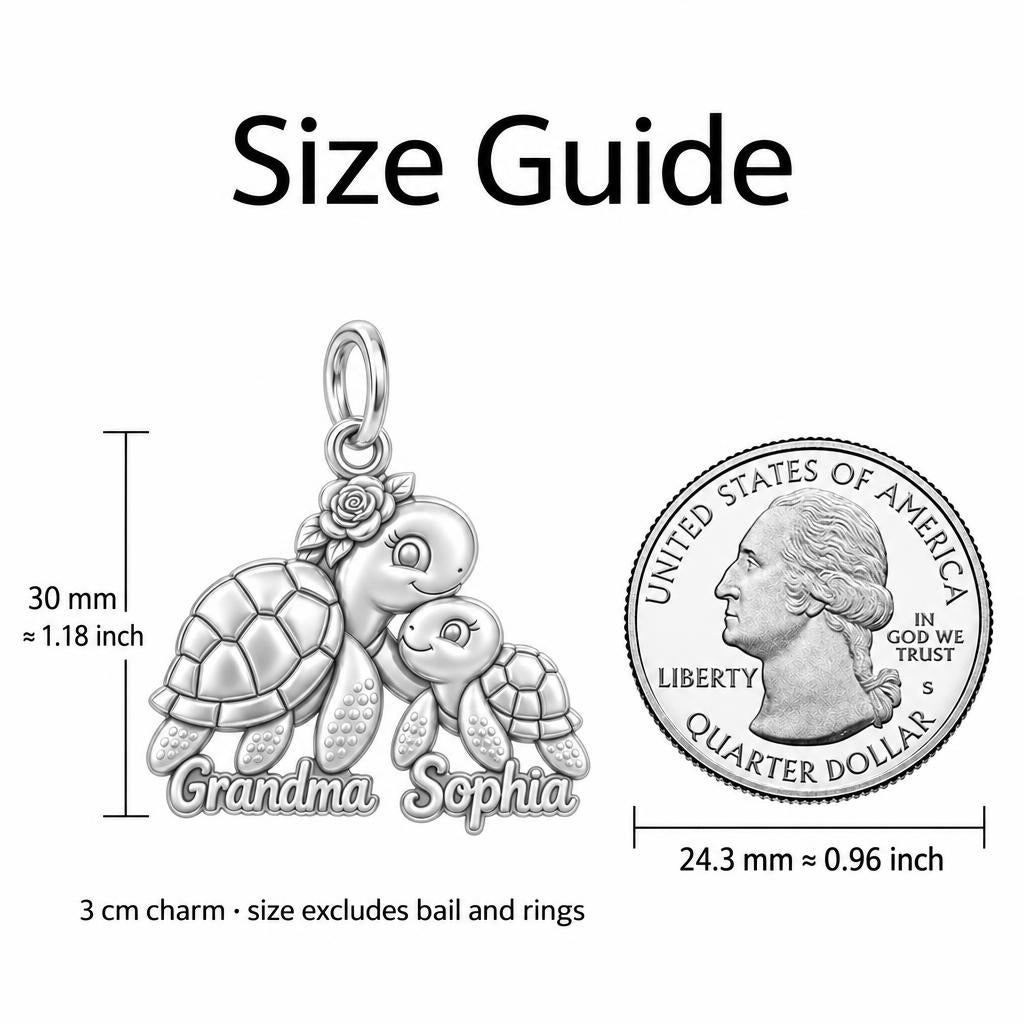 Tender Sea Turtle Charm Bracelet – Personalized Grandma Gift – size guide, 3 cm charm next to a quarter