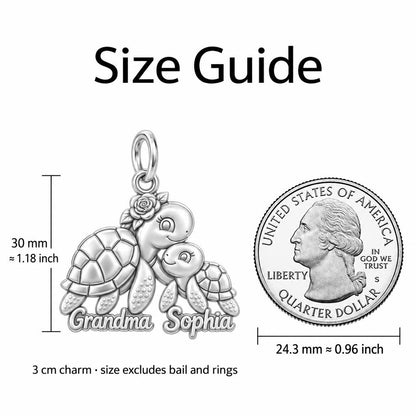 Tender Sea Turtle Charm Bracelet – Personalized Grandma Gift – size guide, 3 cm charm next to a quarter