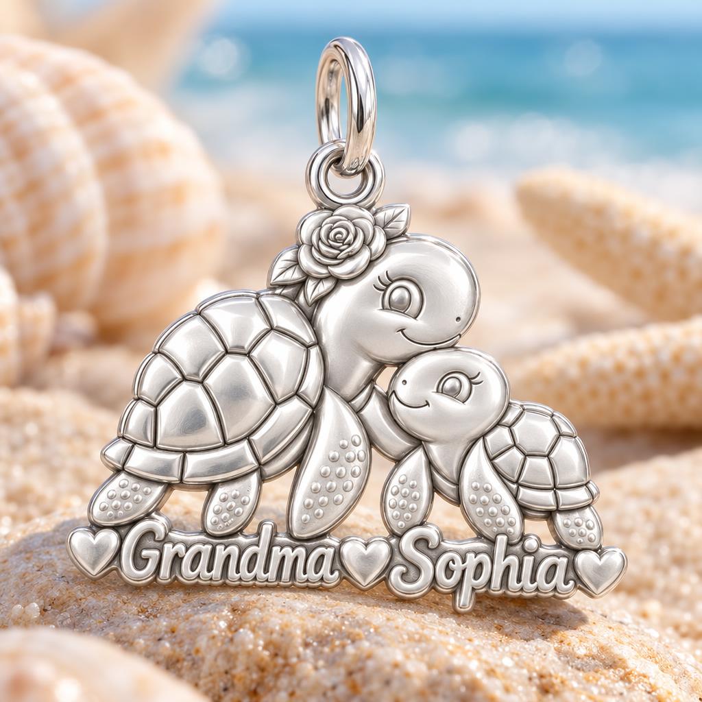 Tender Sea Turtle Charm Bracelet – Personalized Grandma Gift – macro detail of the charm