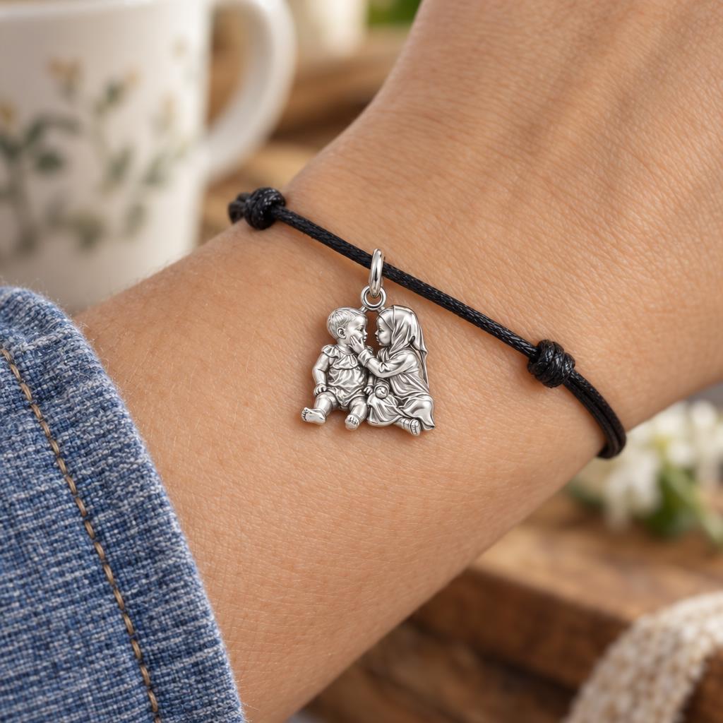 Tender Sibling Bond Charm Bracelet – Personalized Mom Gift – worn on the wrist on a black cord bracelet