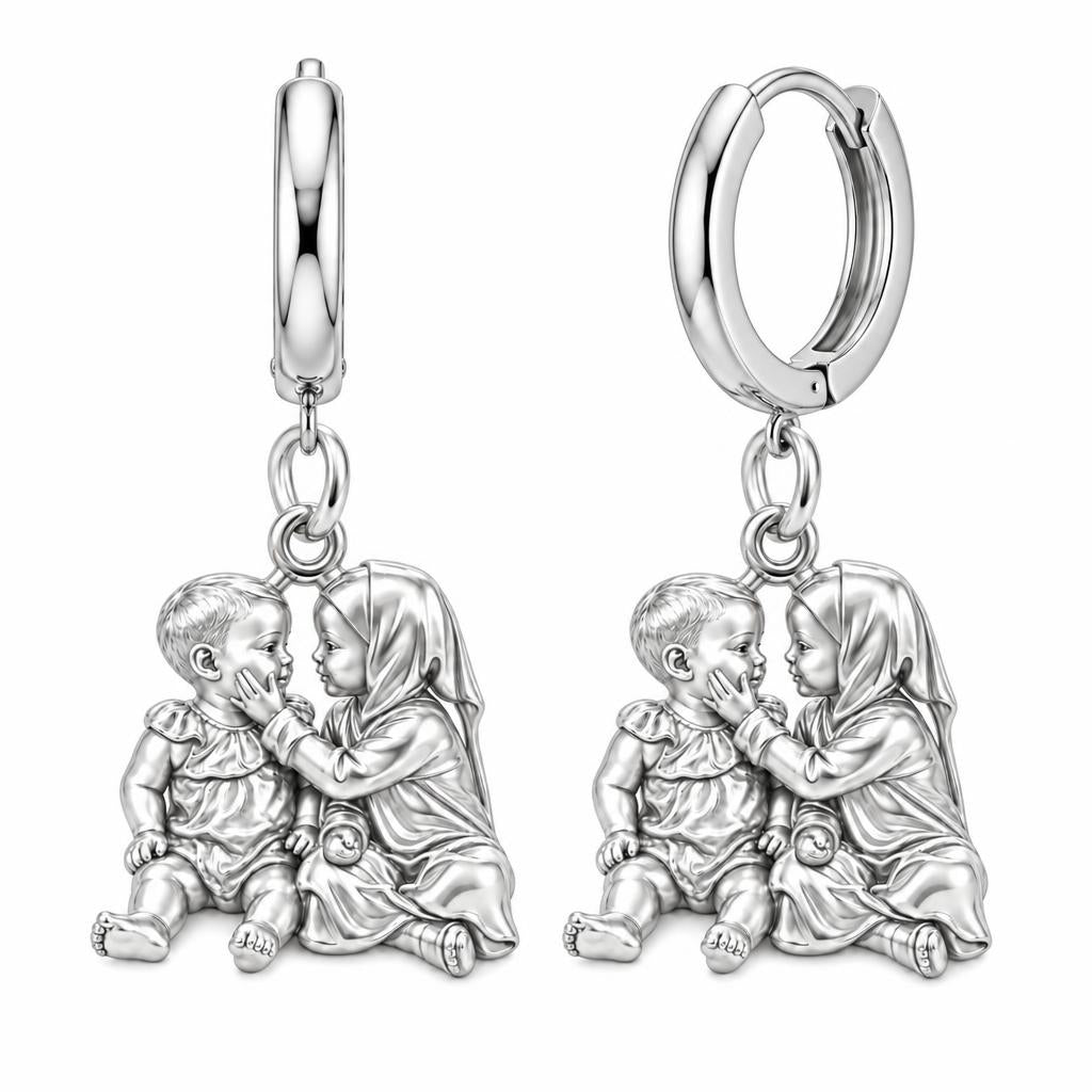 Tender Sibling Bond Huggie Charm Earrings – silver, front view