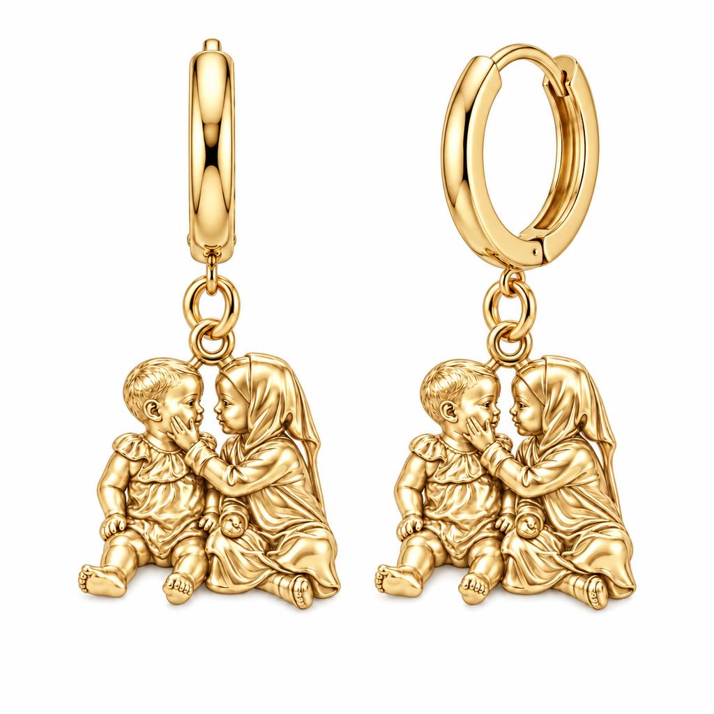 Tender Sibling Bond Huggie Charm Earrings – 18K gold, front view