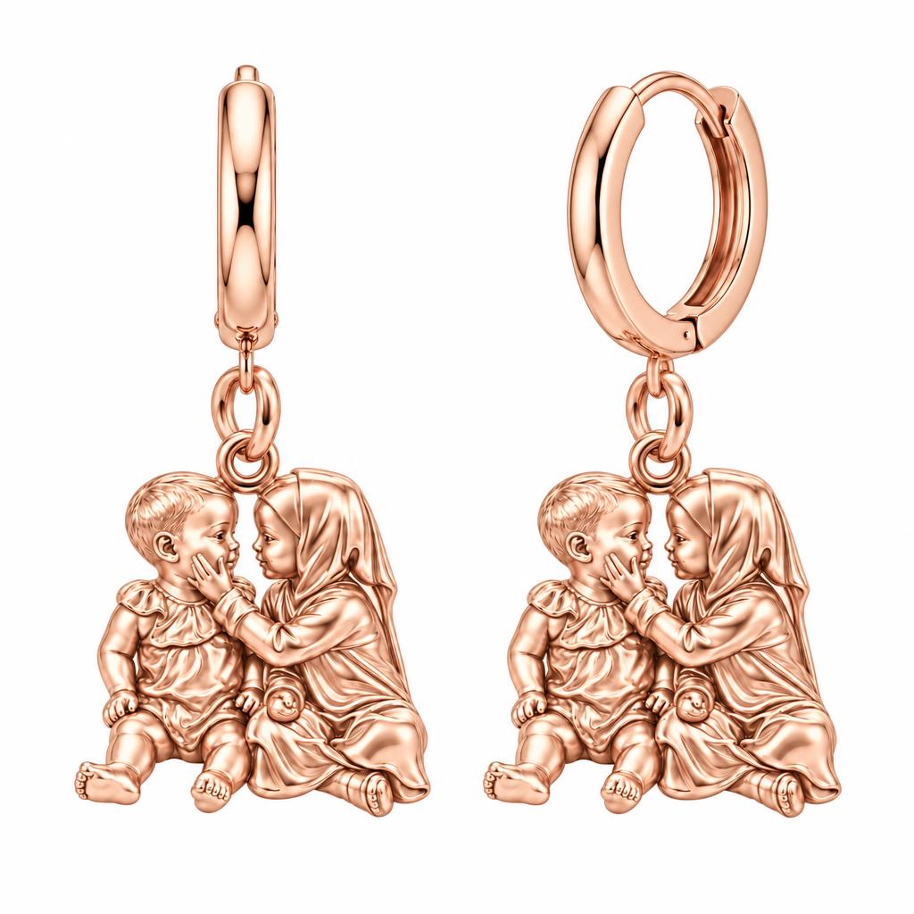 Tender Sibling Bond Huggie Charm Earrings – rose gold, front view