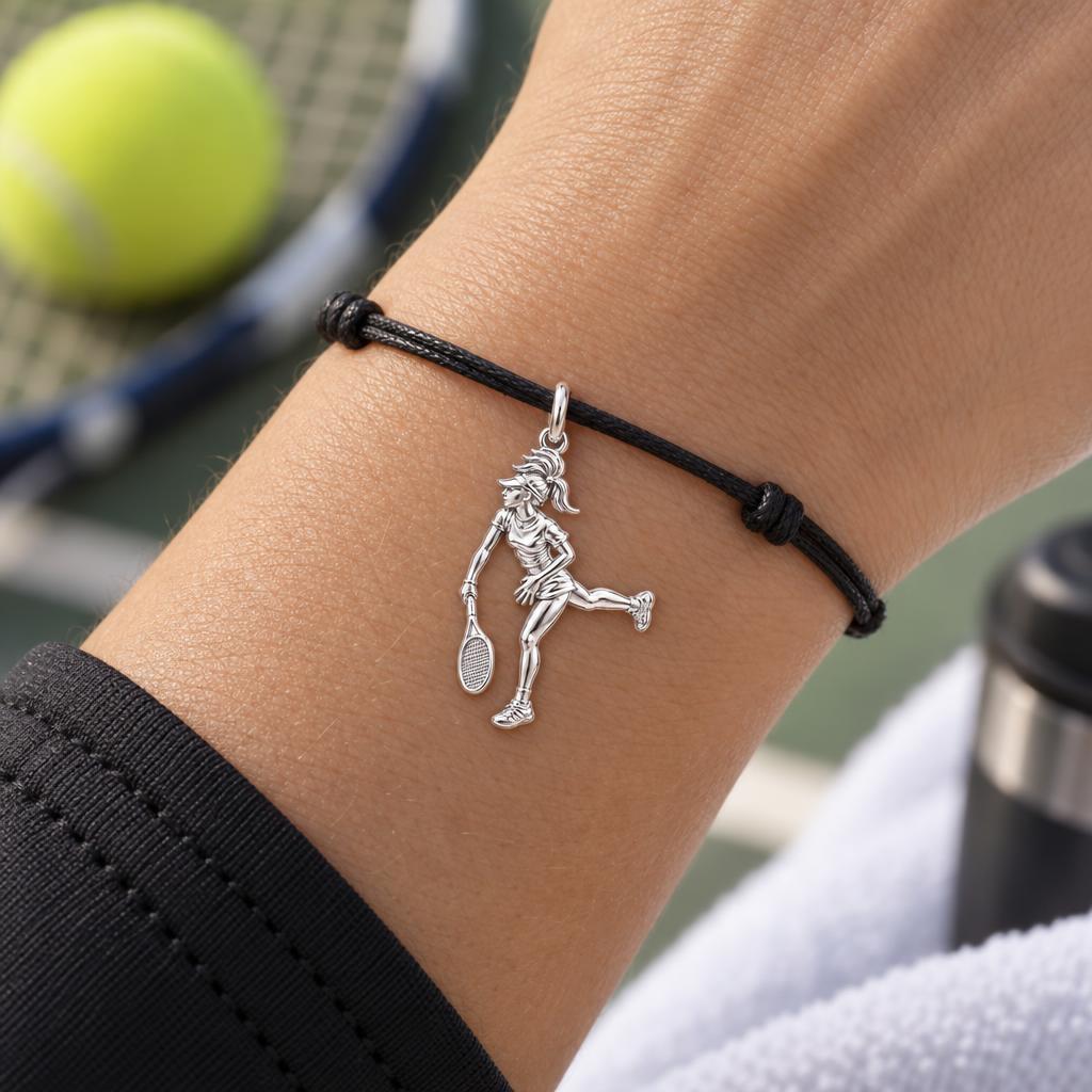Tennis Lover Bracelet – Personalized Athlete Gift – worn on the wrist on a black cord bracelet