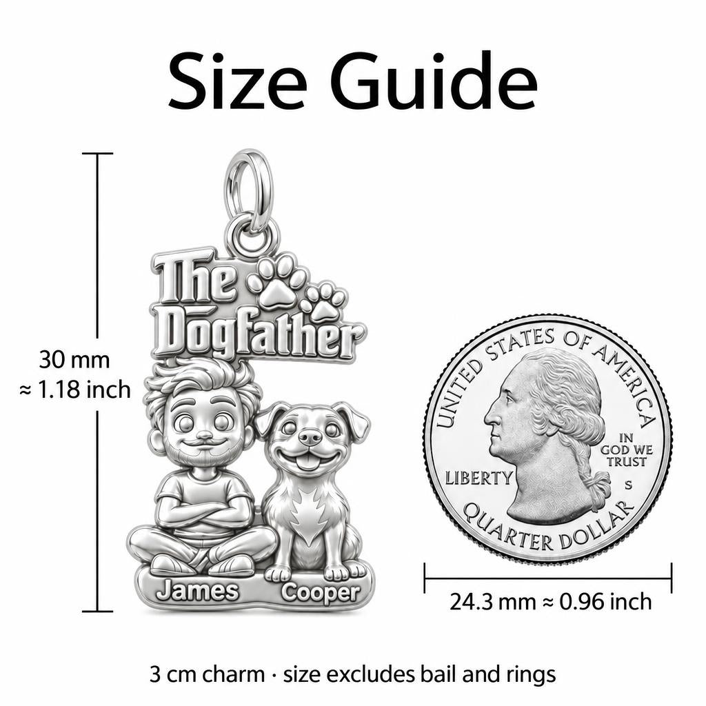 The Dogfather Best Buds Charm Bracelet – Personalized Dad Gift – size guide, 3 cm charm next to a quarter