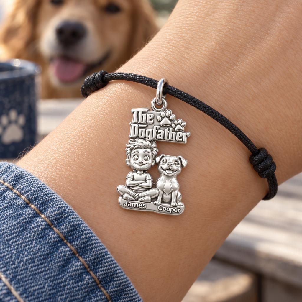 The Dogfather Best Buds Charm Bracelet – Personalized Dad Gift – worn on the wrist on a black cord bracelet