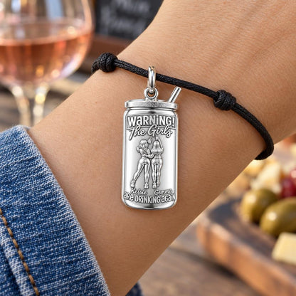 The Girls Drinking Again Charm Bracelet – Personalized Bestie Gift – worn on the wrist on a black cord bracelet