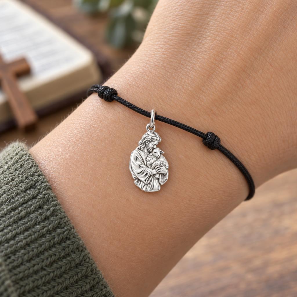 The Good Shepherd Charm Bracelet – Personalized Priest Gift – worn on the wrist on a black cord bracelet