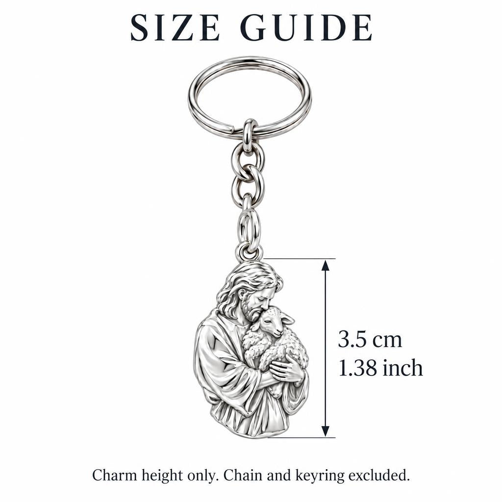 The Good Shepherd Charm Keychain – size guide, 3.5 cm (1.38 in) charm, chain and keyring excluded