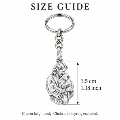 The Good Shepherd Charm Keychain – size guide, 3.5 cm (1.38 in) charm, chain and keyring excluded