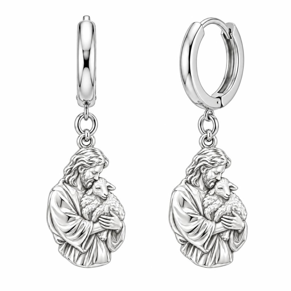 The Good Shepherd Huggie Charm Earrings – silver, front view