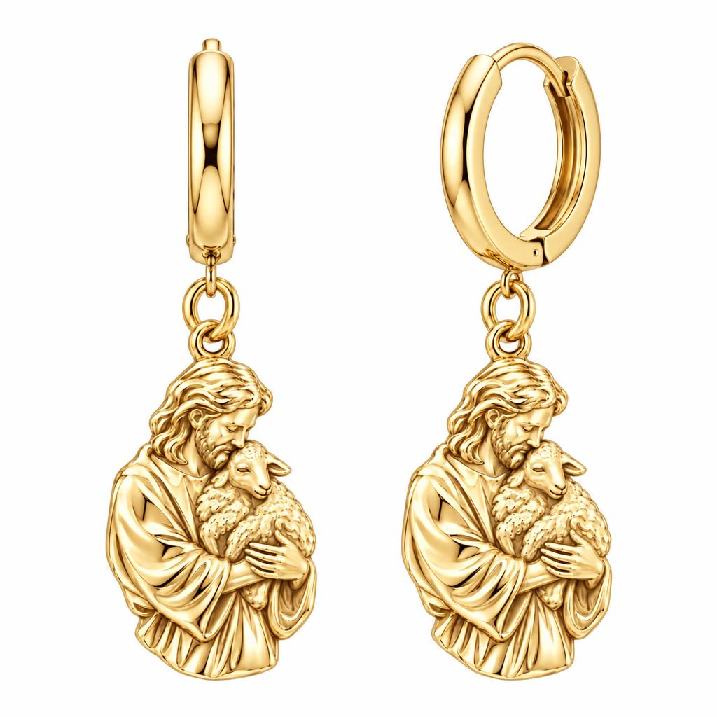 The Good Shepherd Huggie Charm Earrings – 18K gold, front view