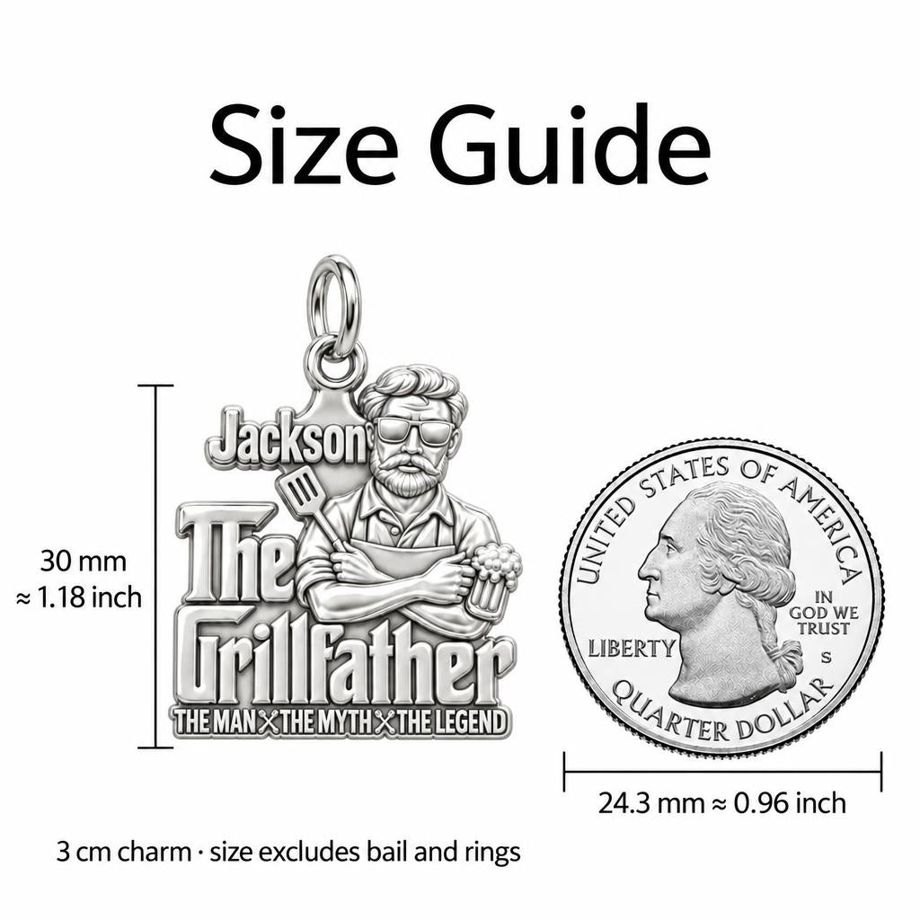 The Grillfather Charm Bracelet – Personalized Dad Gift – size guide, 3 cm charm next to a quarter