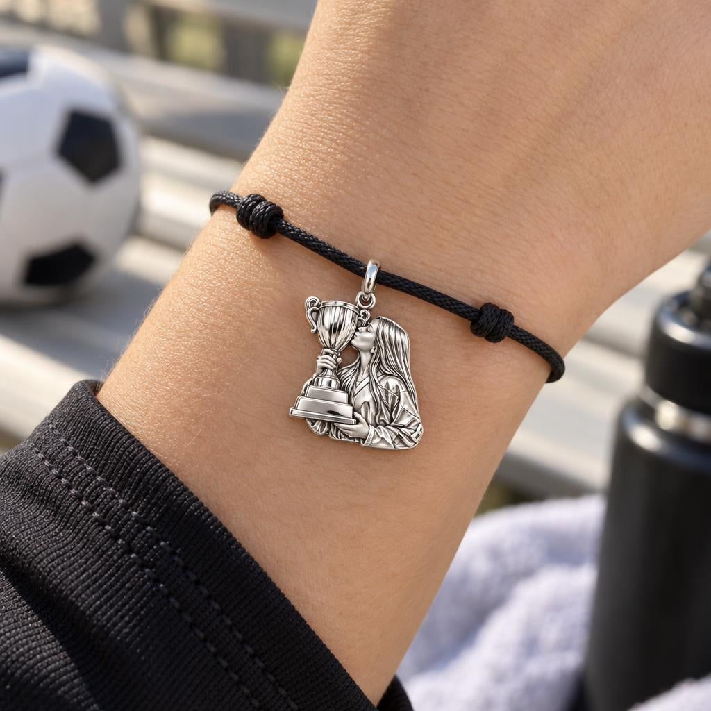 The Moment of Victory Charm Bracelet – Personalized Photo Upload Gift – worn on the wrist on a black cord bracelet