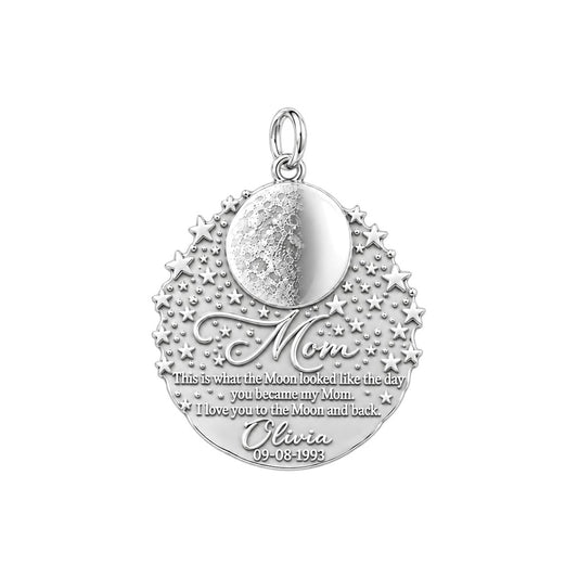 The Moon You Became My Mom Charm Bracelet – Personalized Mom Gift – silver plated 3 cm charm, front view