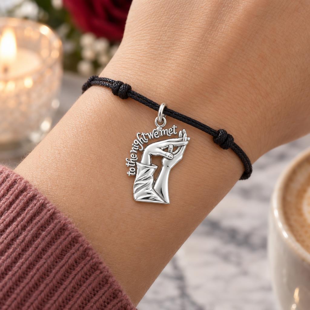 The Night We Met Charm Bracelet – Personalized Couple Gift – worn on the wrist on a black cord bracelet