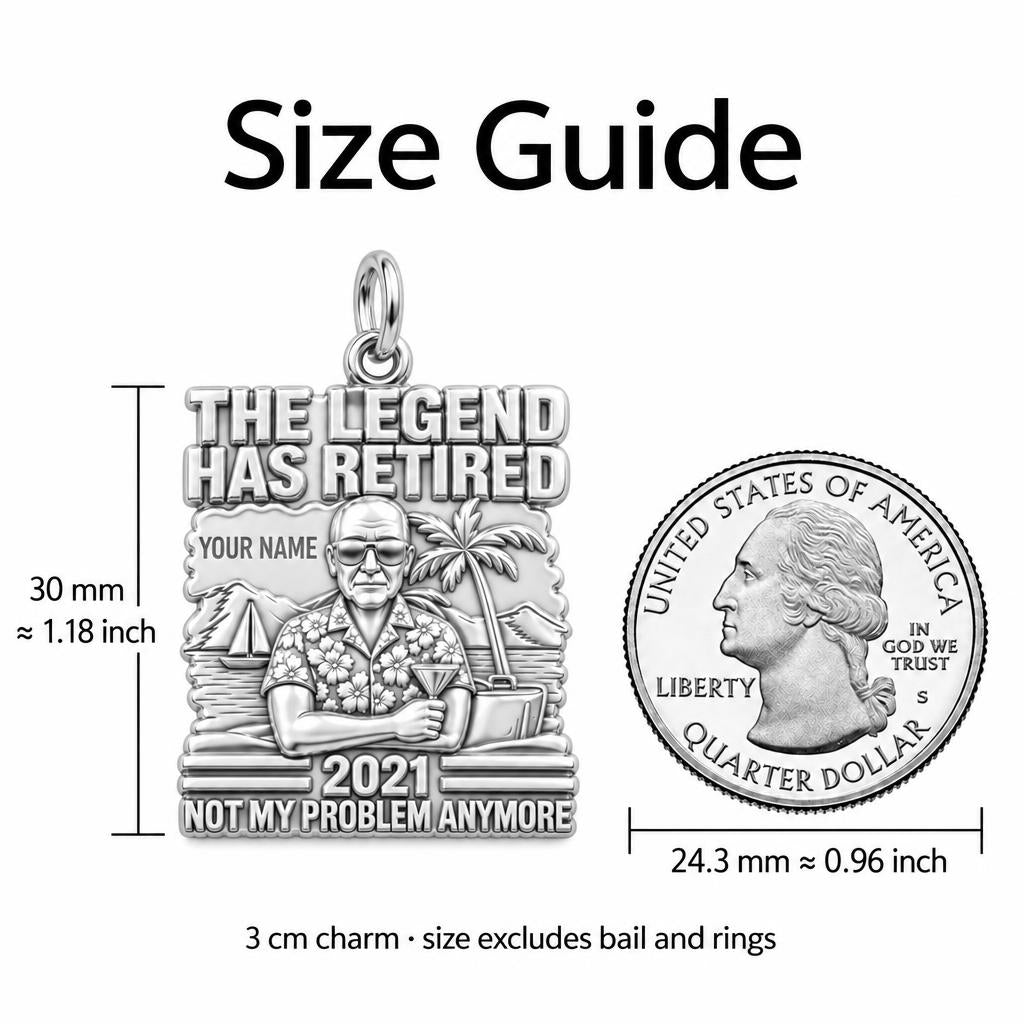 The Retired Legend Charm Bracelet – Personalized Retiree Gift – size guide, 3 cm charm next to a quarter