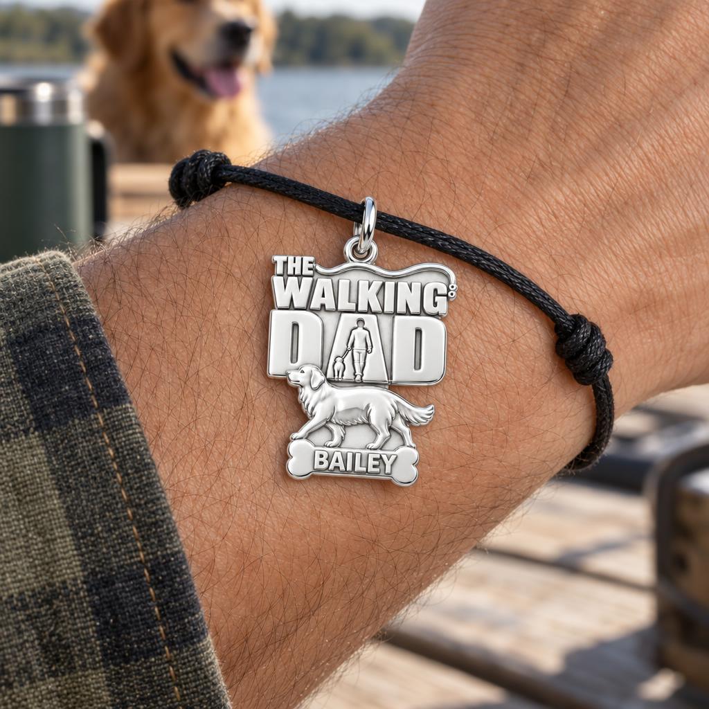 The Walking Dad Charm Bracelet – Personalized Dad Gift – worn on the wrist on a black cord bracelet