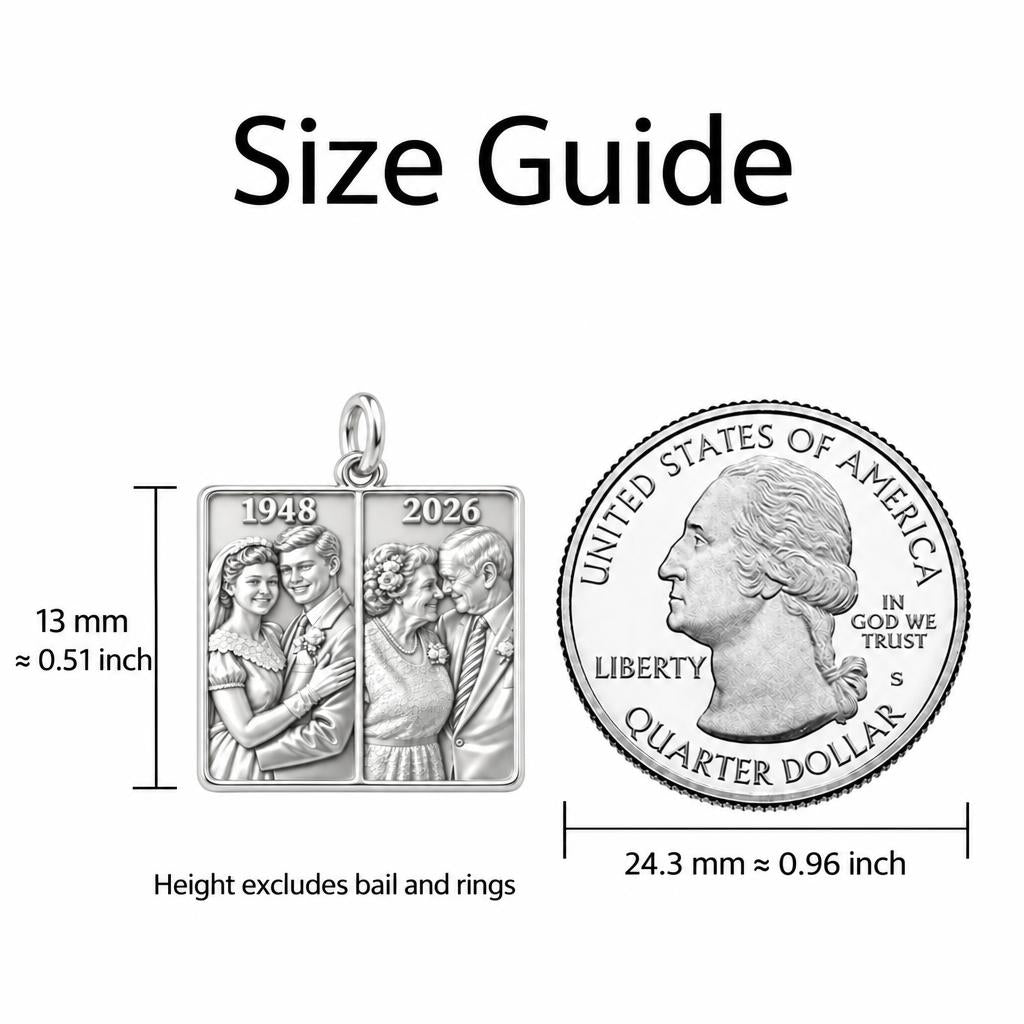 Then and Now Anniversary Charm Bracelet – Personalized Couple Gift – size guide, 13 mm charm next to a quarter