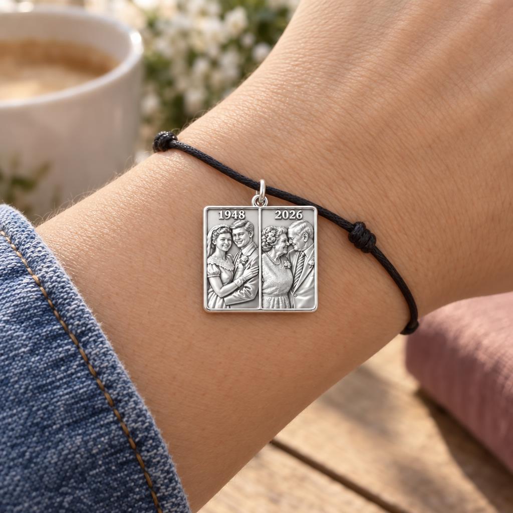 Then and Now Anniversary Charm Bracelet – Personalized Couple Gift – worn on the wrist on a black cord bracelet
