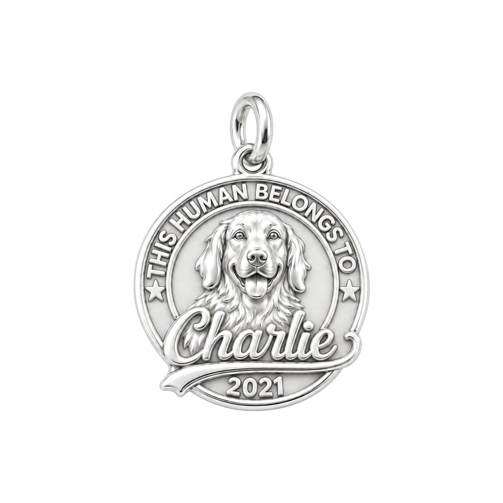 This Human Belongs To Charm Bracelet – Personalized Dog Mom Gift – silver plated 3 cm charm, front view