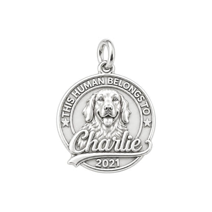 This Human Belongs To Charm Bracelet – Personalized Dog Mom Gift – silver plated 3 cm charm, front view