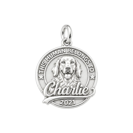 This Human Belongs To Charm Bracelet – Personalized Dog Mom Gift – silver plated 3 cm charm, front view