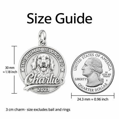This Human Belongs To Charm Bracelet – Personalized Dog Mom Gift – size guide, 3 cm charm next to a quarter