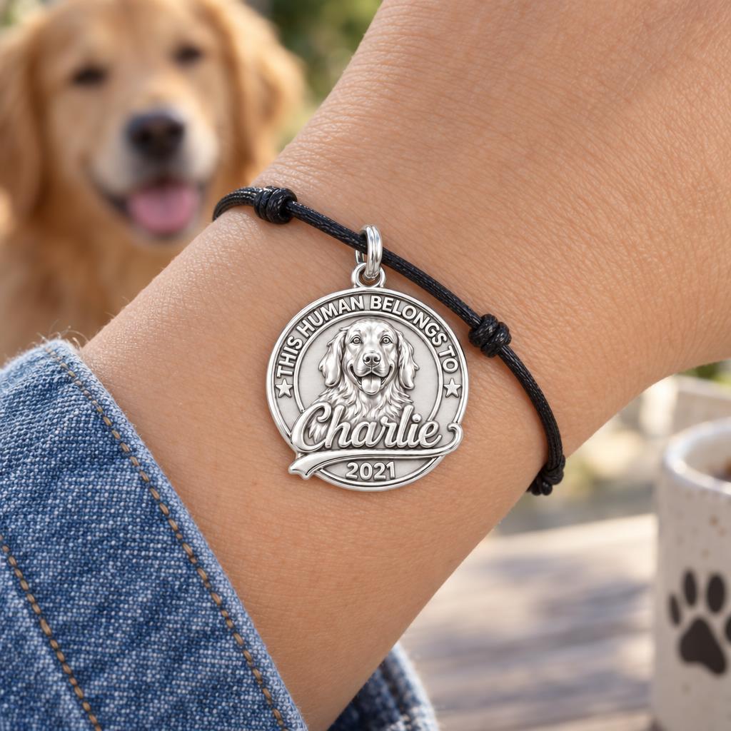 This Human Belongs To Charm Bracelet – Personalized Dog Mom Gift – worn on the wrist on a black cord bracelet