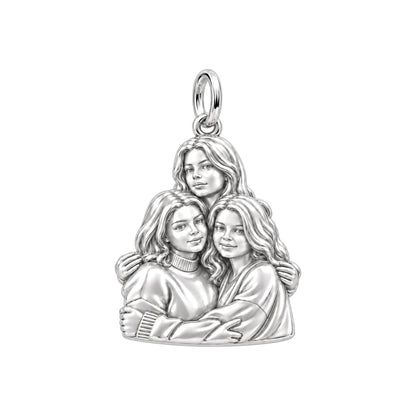 Three Sisters Huddle Charm Bracelet – Personalized Mom Gift – silver charm, front view