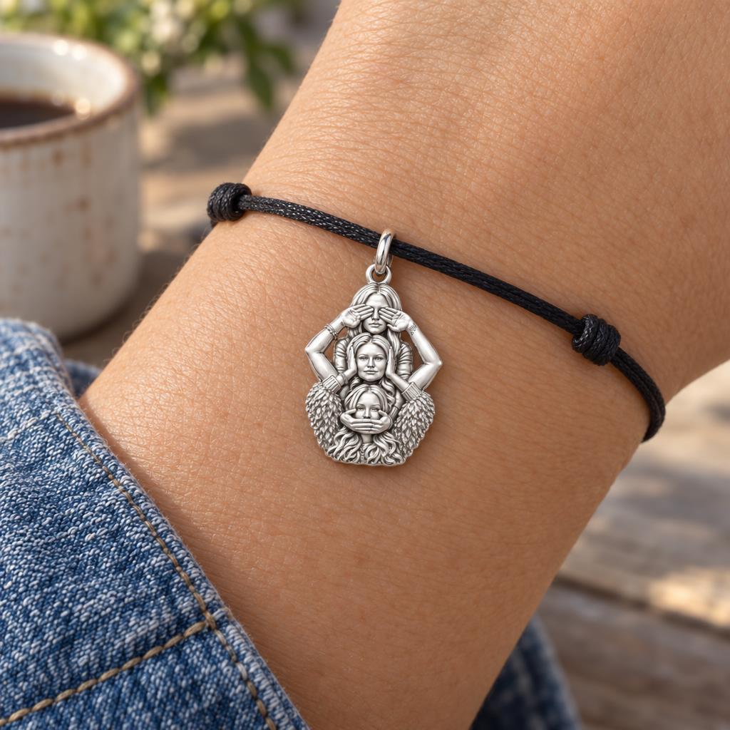 Three Wise Sisters Charm Bracelet – Personalized Bestie Gift – worn on the wrist on a black cord bracelet