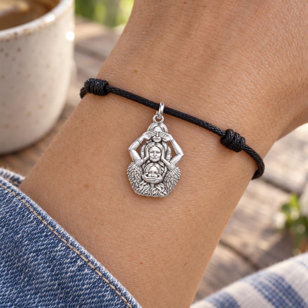 Three Wise Sisters Charm Bracelet – Personalized Bestie Gift – worn on the wrist on a black cord bracelet