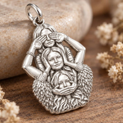 Three Wise Sisters Charm Bracelet – Personalized Bestie Gift – macro detail of the charm