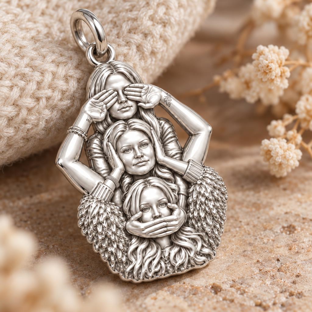 Three Wise Sisters Charm Bracelet – Personalized Bestie Gift – macro detail of the charm