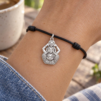 Three Wise Sisters Charm Bracelet – Personalized Bestie Gift – worn on the wrist on a black cord bracelet