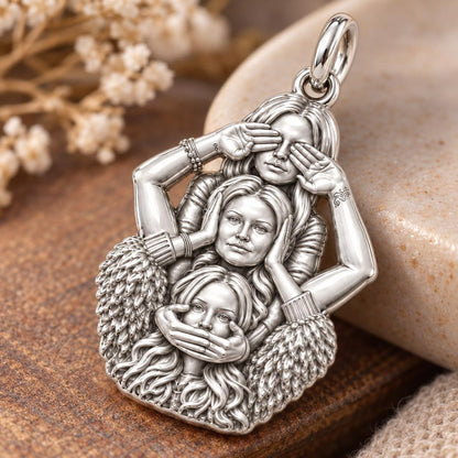 Three Wise Sisters Charm Bracelet – Personalized Bestie Gift – macro detail of the charm