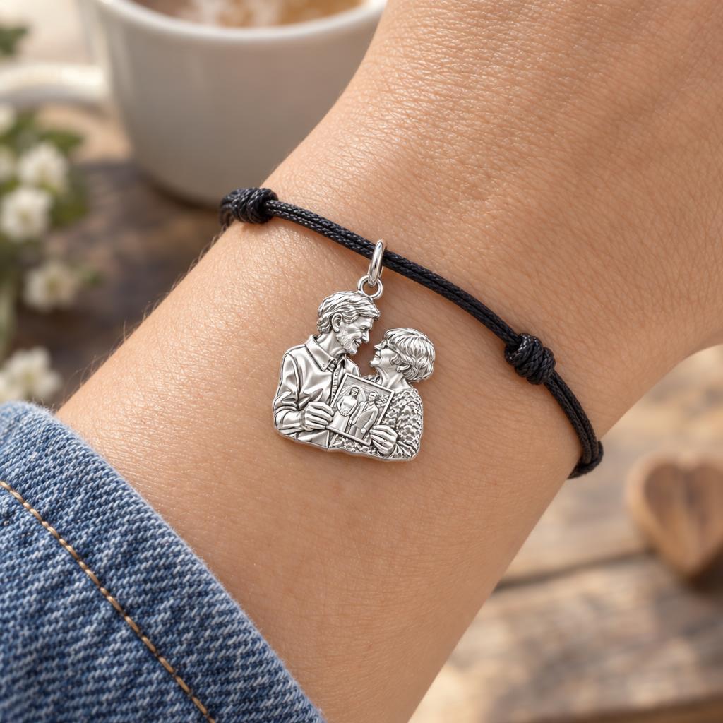 Through the Years Charm Bracelet – Personalized Couple Gift – worn on the wrist on a black cord bracelet