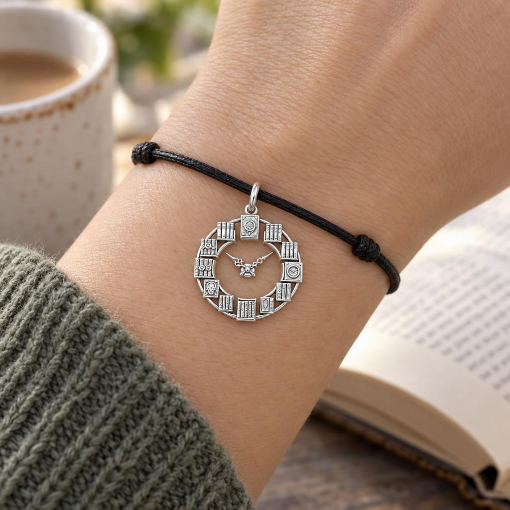 Timeless Reader Charm Bracelet – Personalized Book Lover Gift – worn on the wrist on a black cord bracelet