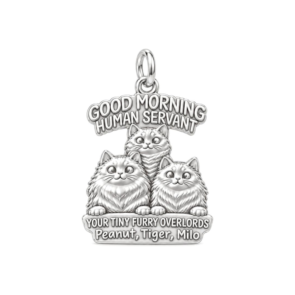 Tiny Furry Overlords Charm Bracelet – Personalized Cat Mom Gift – silver plated 3 cm charm, front view