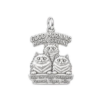 Tiny Furry Overlords Charm Bracelet – Personalized Cat Mom Gift – silver plated 3 cm charm, front view