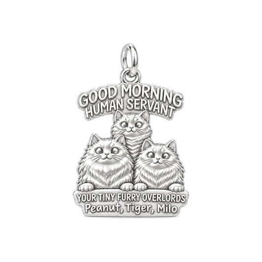 Tiny Furry Overlords Charm Bracelet – Personalized Cat Mom Gift – silver plated 3 cm charm, front view