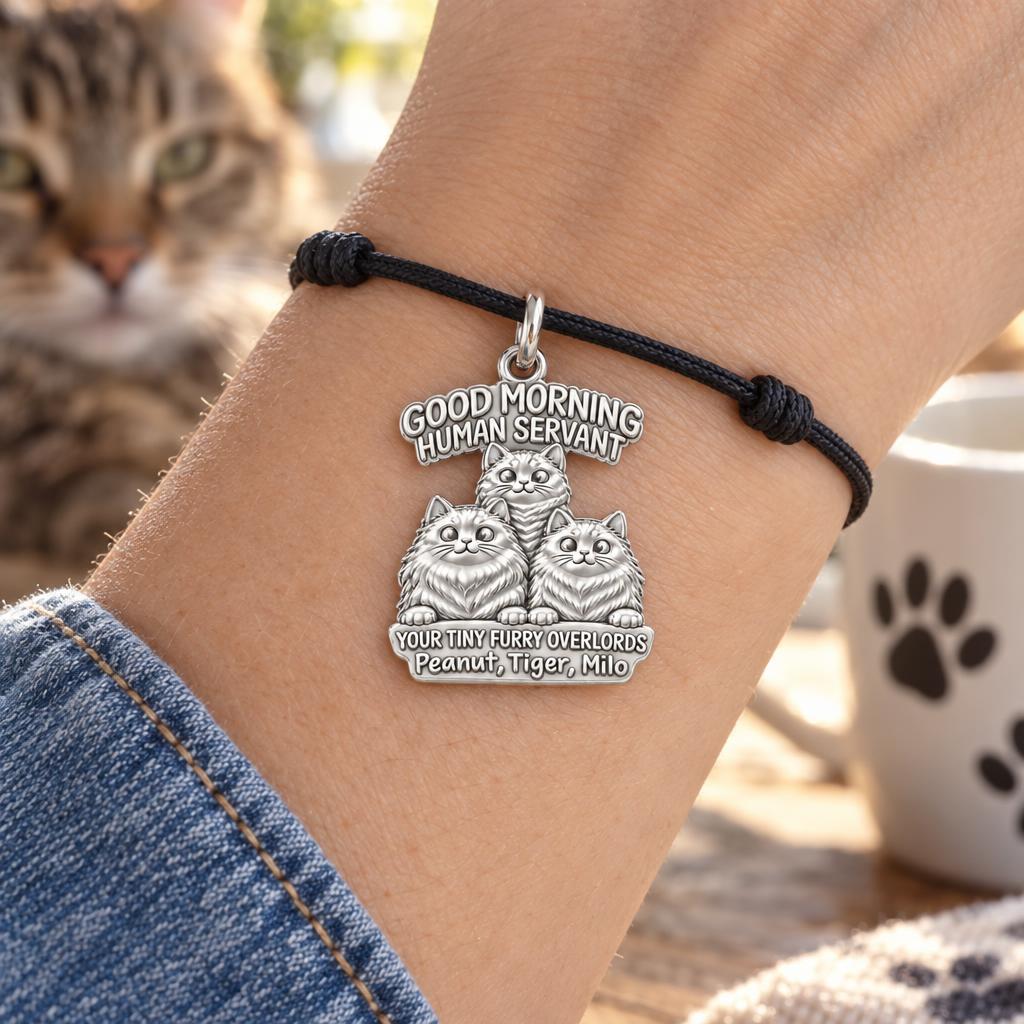 Tiny Furry Overlords Charm Bracelet – Personalized Cat Mom Gift – worn on the wrist on a black cord bracelet