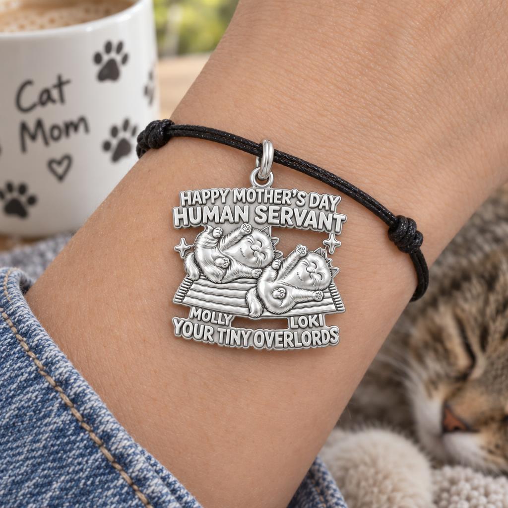 Tiny Overlords Charm Bracelet – Personalized Cat Mom Gift – worn on the wrist on a black cord bracelet